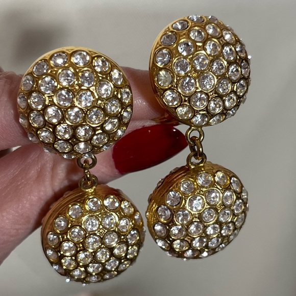 Vintage 80 90 Retro Gold Maximalism Rhinestone Oversized Clip Earrings - Picture 1 of 15